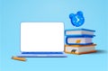 3d blue laptop with pencil, stack of books, bookmark, green alarm clock, isolated on background. Concept for online