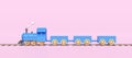 3d blue locomotive steam cartoon with railroad tracks, wagons empty isolated on pink background. train transport toy, summer