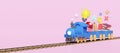 3d blue locomotive with wooden wagons with school supplies, copy space isolated on pink background. back to school, knowledge