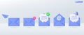 3d blue mail envelope icon set symbol. Render email notification with letters, check mark, paper plane icons. communication