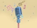 3d blue microphone with many music note,key sol cartoon style soft yellow minimal background 3d render