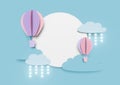 3d blue paper cut rain drops of on pastel background abstract for origami banner. Paper art balloon flying on air cloud sky scene Royalty Free Stock Photo