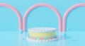 3d blue podium background abstract candy dessert cake cartoon. Creative ideas minimal summer food. 3d rendering for pastel banner