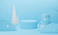 3d blue podium on pastel background abstract geometric shapes. winter snow white with bear and Christmas tree landscape scene. 3d