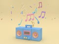 3d blue radio with many music note,key sol cartoon style soft yellow minimal background 3d render