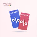 3d blue and red coupons or vouchers, minimal style, isolated on background. Premium special price offers sale coupon