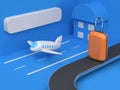 3d blue scene geometric abstract airport cartoon style with bag-luggage orange 3d render going travel transportation concept