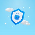 3d blue shield icon with secured lock, isolated on background. Concept for password security, safe account, cloud data Royalty Free Stock Photo