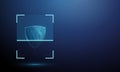 3d blue shield inside digital scanning frame. Security analysis, protection assessment, vulnerability monitoring Royalty Free Stock Photo