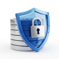 3D Blue Shield Protecting a Stack of Silver Hard Drive Disks with Padlock security protection Royalty Free Stock Photo