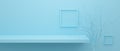 3d blue shop shelf hanging on wall for mockup, blank board and gallery frame. Empty bookshelf on pastel background abstract with