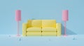 3D blue sofa interior on pastel background abstract with floor lamp in studio living room home. 3D rendering front view for