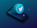 3d blue twitter circle icon with mobile - illustration