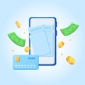 3d blue vouchers, coupons on mobile phone with flying gold coins, green money and credit card. Vector illustration Royalty Free Stock Photo