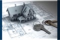 3d blueprint with the key to the new single - family house Royalty Free Stock Photo