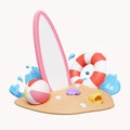 3d board with swimming ring and ball on sand. waves crashing on the beach. summer vacation and holidays concept. icon Royalty Free Stock Photo