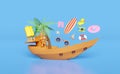 3d boat with helm, stern wheel, suitcase, palm tree, lifebuoy, yellow duck, island, camera, surfboard, sandals isolated on blue