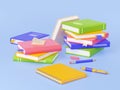 3d books, notepad, pencil, pen and eraser