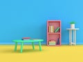 Bookshelf japan table book cartoon style 3d render blue wall yellow floor scene,education concept