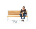 3d bored cartoon man sitting on public bench