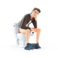 3d bored cartoon man sitting on toilet