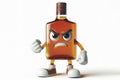 3d bottle of whiskey character with a angry face on a white background. ai generative