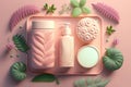 3d bottles view - cream, tonic, lotion variety on pink background with leaves and plants. Perfect for cosmetic product display or