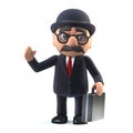 3d Bowler hatted British businessman with briefcase is waving hello