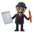 3d Bowler hatted British businessman has a notepad and pencil