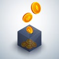 3D box with golden cryptocoins.