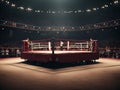 3D boxer arena. Isolated empty boxing ring with light. 3D rendering. Boxing ring with illuminated spotlights