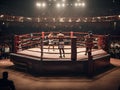 3D boxer arena. Isolated empty boxing ring with light. 3D rendering. Boxing ring with illuminated spotlights