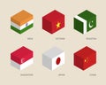 3d boxes with flags: India, Vietnam, China, Singapore, Pakistan, Japan