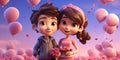 3D Boy and Girl With Flower - Cute Couples in Valentine\'s Day