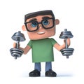 3d Boy in glasses exercises with weights