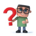 3d Boy in glasses holds a red question mark Royalty Free Stock Photo