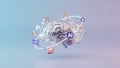 3D brain with AI and creative icons connected by network on blue background artificial intelligence Royalty Free Stock Photo