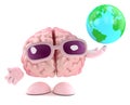 3d Brain character holds a globe of the Earth