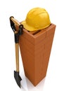 3D brickwork, yellow safety helmet and shovel. Construction concept. Workplace