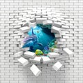 3d Broken wall underwater fish wall tiles design, 3d illustration design for wall decor.