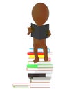 3d brown character reading book while sitting on the top of pile of books