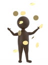 3d brown character standing and raising both hands when golden coin,s falls