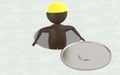 3d brown character wearing a hrad cap going inside a sewer Royalty Free Stock Photo