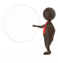 3d brown character wearing a tie pointing his hand towards a circular shape