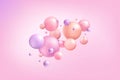 3D bubbles. Pastel pink balls. Purple dreamy wallpaper. Glass soft backdrop shapes. Balloon decor. Floating spheres