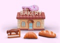 3D building with signboard, croissant, donut, bread, piece of cake with icing