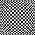 3d bulging, convex, globular, protuberant distortion, deformation on checkered, black and white squares pattern, background.