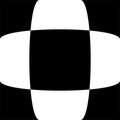 3d bulging, convex, globular, protuberant distortion, deformation on checkered, black and white squares pattern, background.
