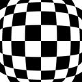 3d bulging, convex, globular, protuberant distortion, deformation on checkered, black and white squares pattern, background.
