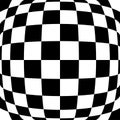 3d bulging, convex, globular, protuberant distortion, deformation on checkered, black and white squares pattern, background.